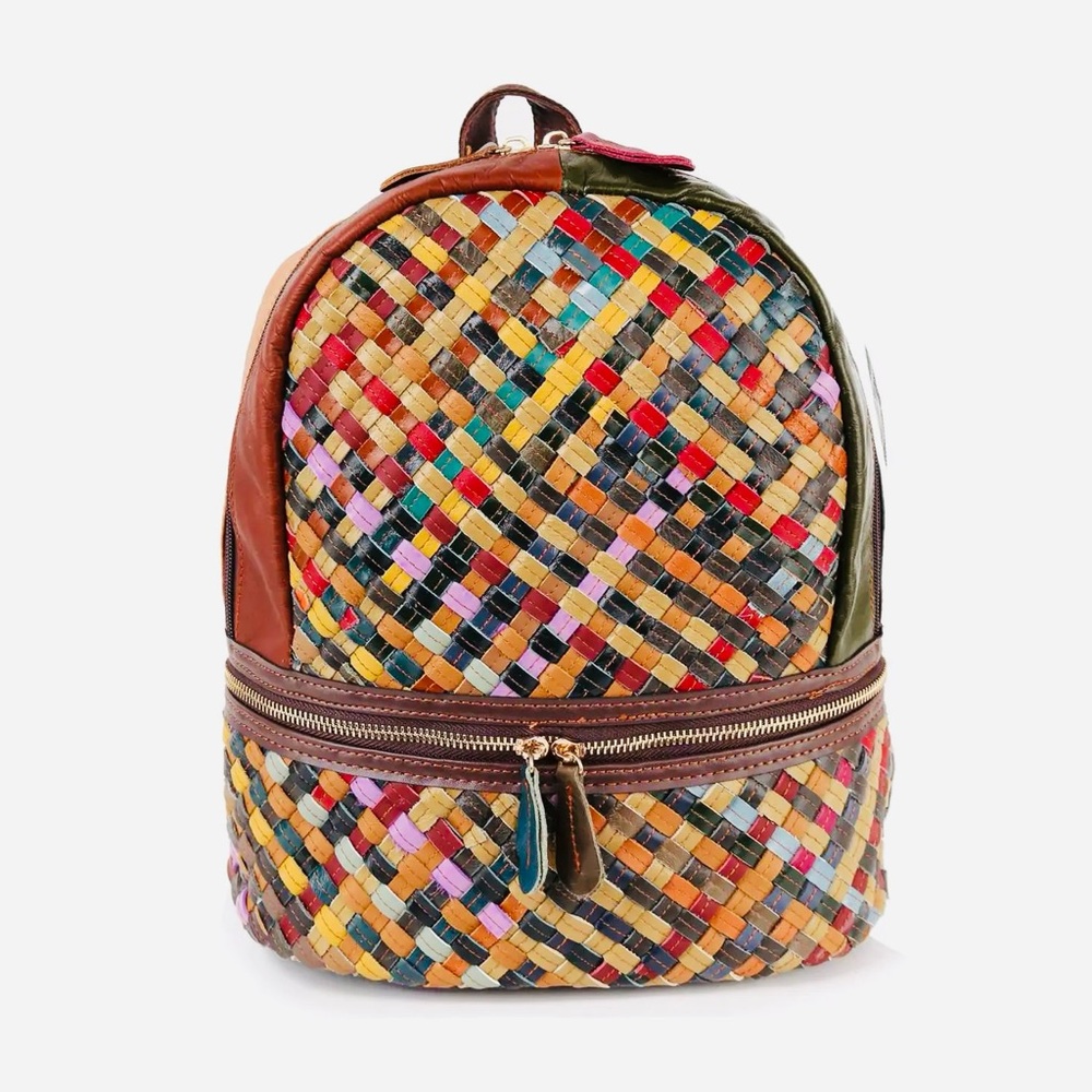 SOLD - Genuine Leather Multicolor Woven Backpack - Picture 1 of 3